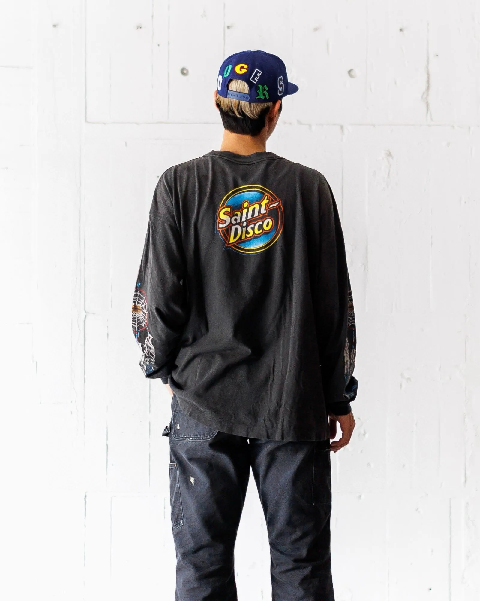 SAINT Mxxxxxx x TEFLON DISCO SAINT DISCO ML_LS TEE/BLK Eagle Feather Spider Web Distressed Long Sleeves, Washed Black S-XL, Ready-made Assute Dyeing, Water Spray Fading Treatment, Customized TEFLON DISCO co-branded accessories, Hand-splashed ink, Wormhole fraying treatment, Authentic level printing process